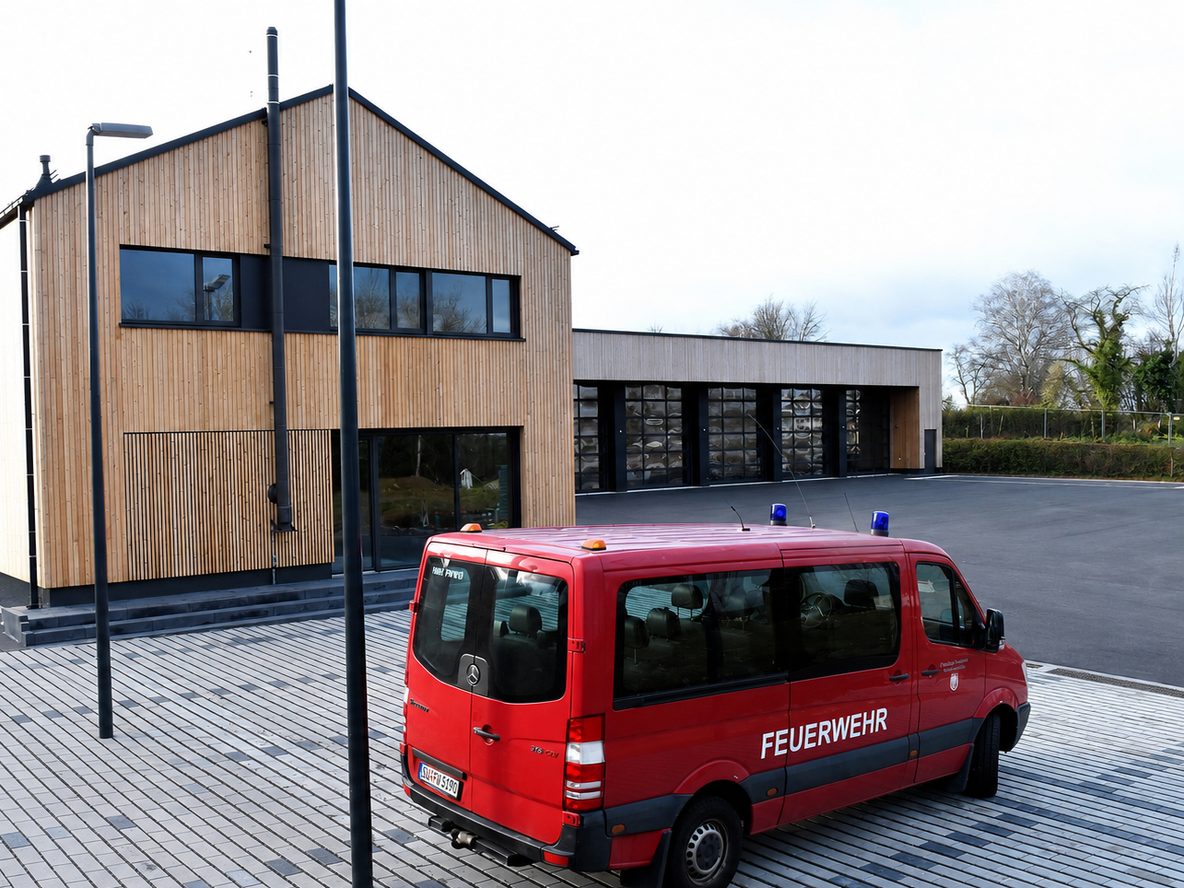Neubau des Feuerwehrgebäudes in Hennef-Blankenberg mit Holzfassade und Fahrzeughalle